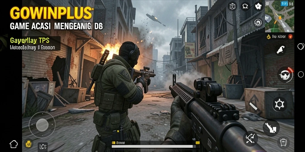 Tampilan gameplay intens GOWINPLUS dengan aksi menembak yang mendebarkan.
