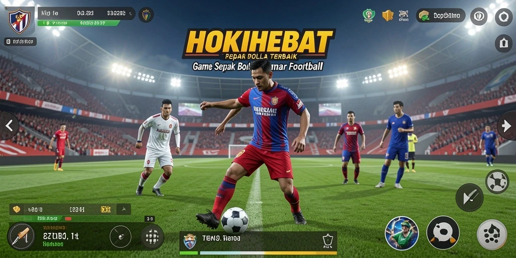 Tangkapan layar HOKIHEBAT menampilkan aksi permainan sepak bola yang seru.