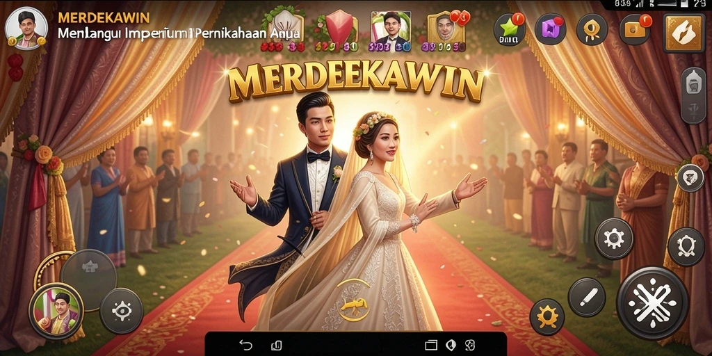 Screenshot gameplay <strong>MERDEKAWIN</strong> yang menampilkan pernikahan yang megah dan kreatif.