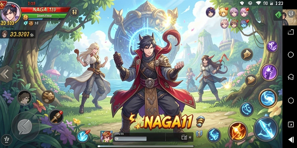 Screenshot utama <strong>NAGA11</strong> menampilkan karakter Anime dalam pertempuran seru.