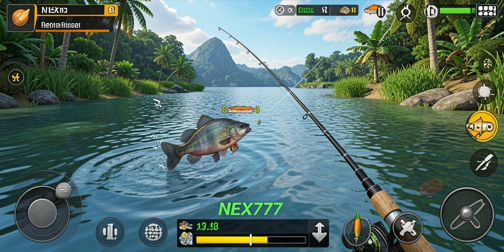 Tampilan gameplay NEX777 yang menampilkan momen menangkap ikan.