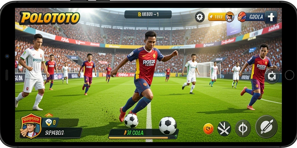 Tampilan gameplay menarik dalam POLOTOTO yang menampilkan aksi sepak bola.