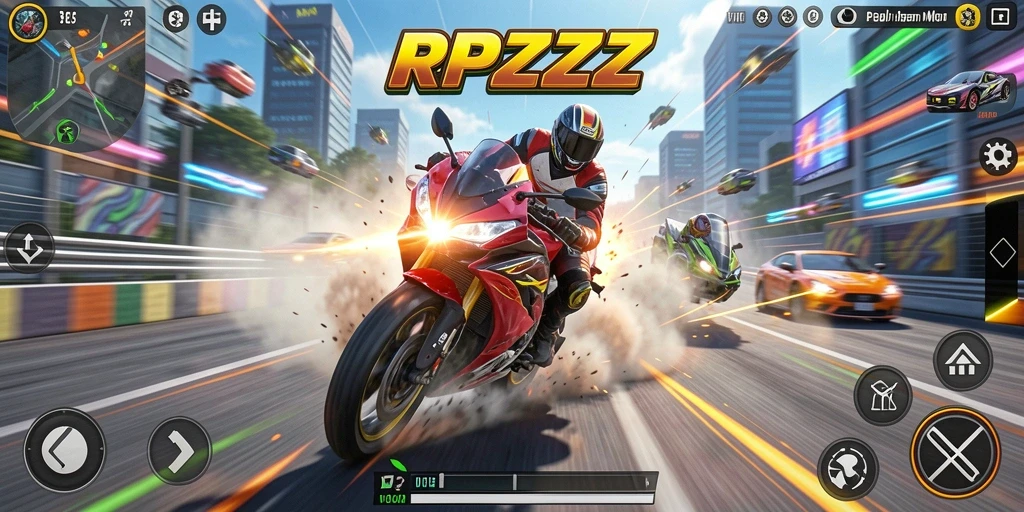 Tangkapan layar utama RPZZZ menampilkan aksi balapan motor yang seru.