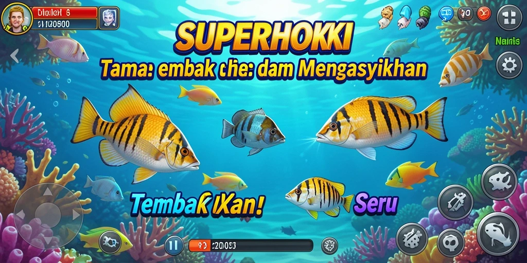 Tangkapan layar utama SUPERHOKI menampilkan aksi seru menembak ikan.